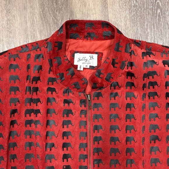 Vintage Suede Leather Jacket Womens Medium Red Elephant Print Oversized Bomber - Picture 2 of 16